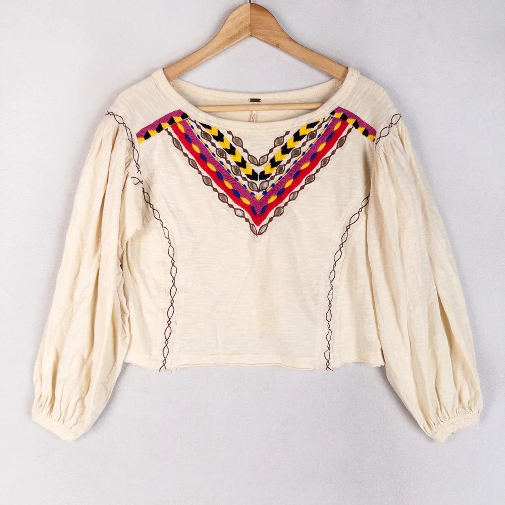 Free People Hand Me Down Crop Top Womens XS Ivory Embroidered Boho Festival